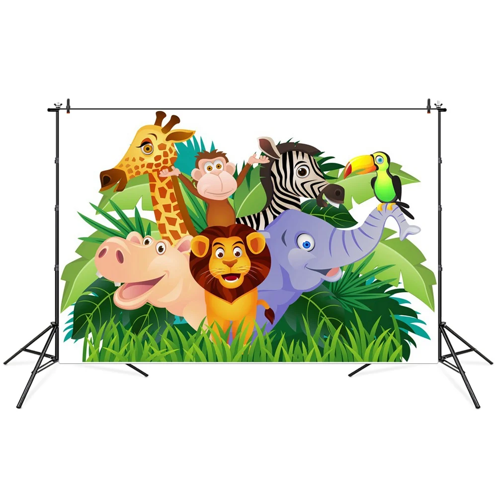 

Animals Safari Party Decoration Baby Photography Backgrounds Banner Custom Jungle Zoo Lion Elephant Zebra Monkey Photo Backdrops