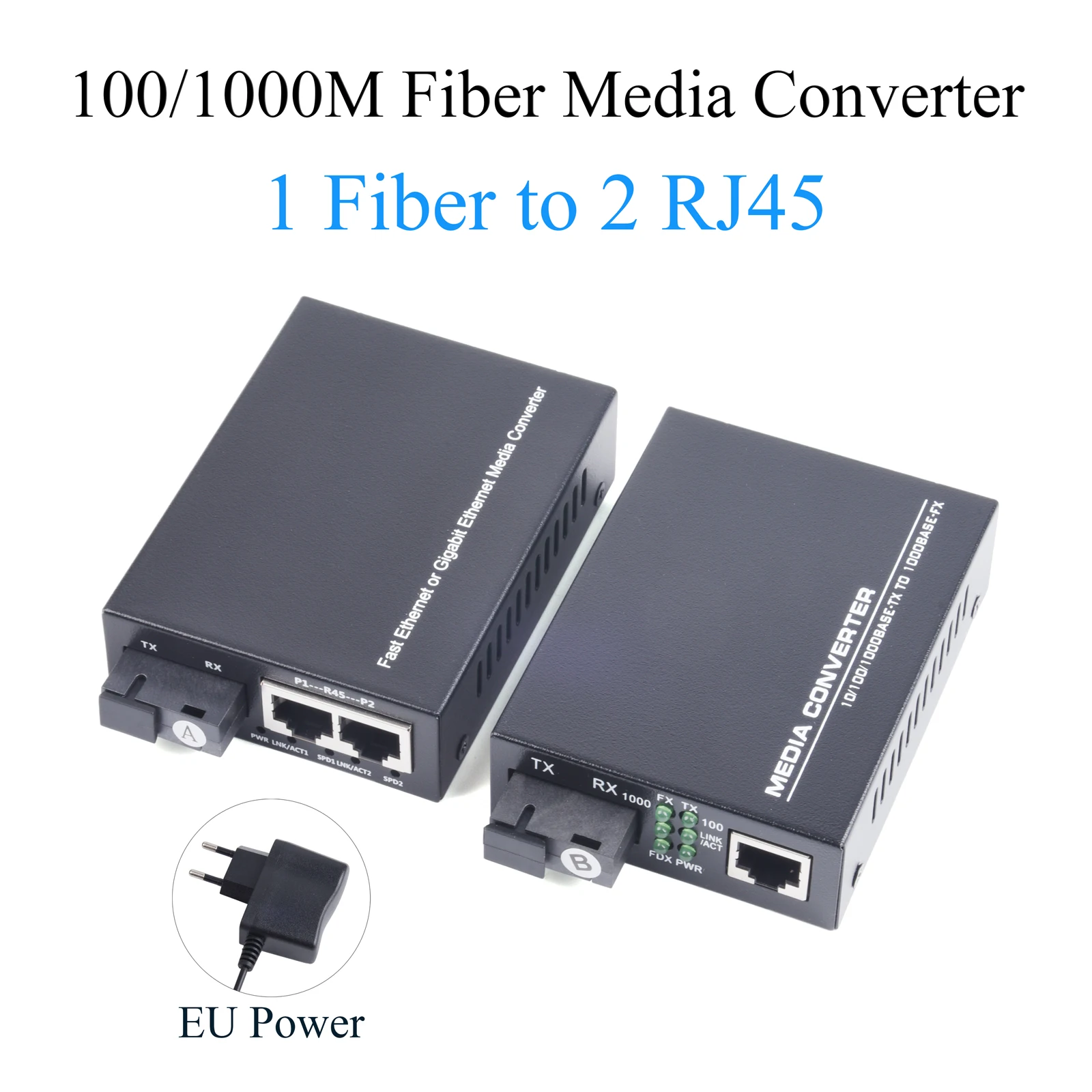 1 Pair Gigabit Fiber Optical Media Converter 10/100/1000Mbps Single Mode 1 Fiber to 2 RJ45 UPC/APC SC-Port EU Power