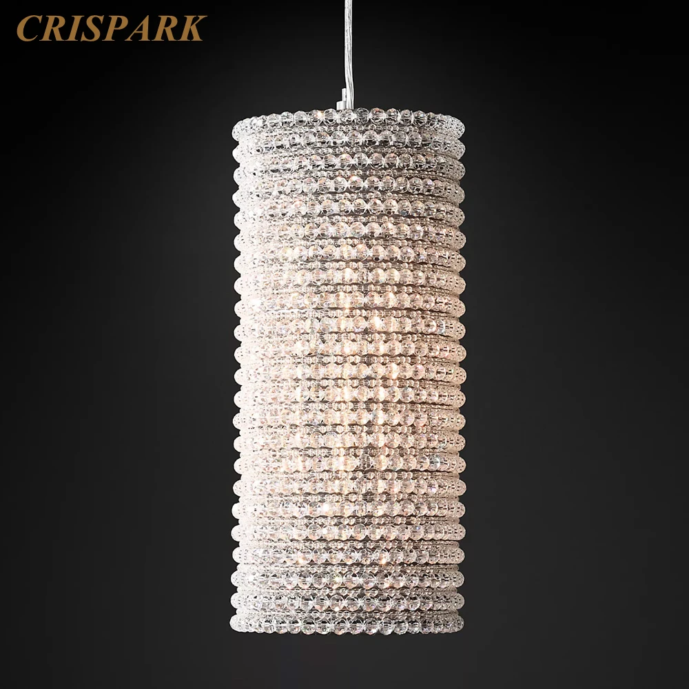 

Crystal Halo Clear Pendant Modern Chrome Cylindrical Chandelier Lamp LED Beaded Cristal Island Hanging Light Fixture for Kitchen