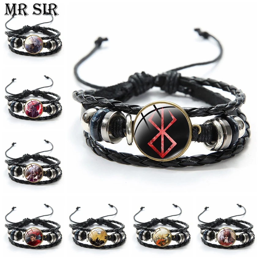 

Anime BERSERK Glass Dome Cabochon Leather Bracelet The Black Swordsman Mad Warrior Symbol Bangles Jewelry Accessories Fans Gifts