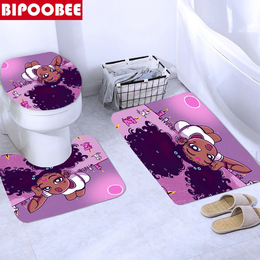 Милые волнистые волосы, душевая занавеска для чернокожей девочки, афроамериканский комплект для ванной, антискользящие коврики, луна, свеча, крышка для унитаза и ванная коврик.
