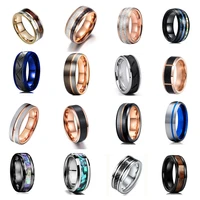 jioromy fashion shell wood mens stainless steel rings thin blue line carbon fiber groove beveled edge ring wedding band jewelry