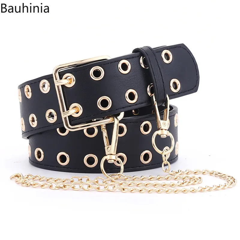 Bauhinia Fashion Alloy Women Chain Belts PU  Leather Metal Pin Buckle Jeans Decorative Ladies Retro Decorative Punk