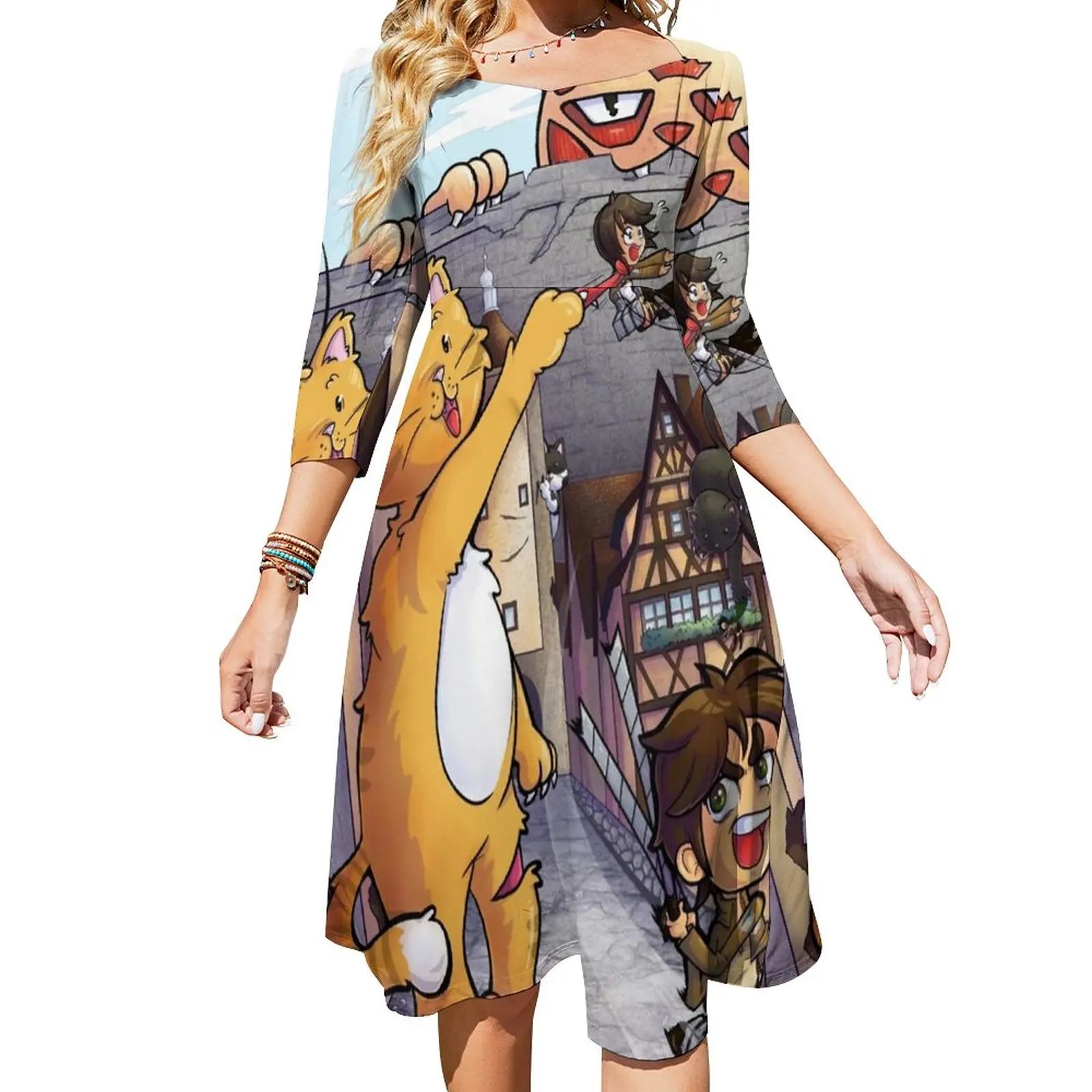 

Летнее платье с принтом японского аниме, милые платья для атаки котёнка, женское уличное модное Повседневное платье оверсайз с графическим ...