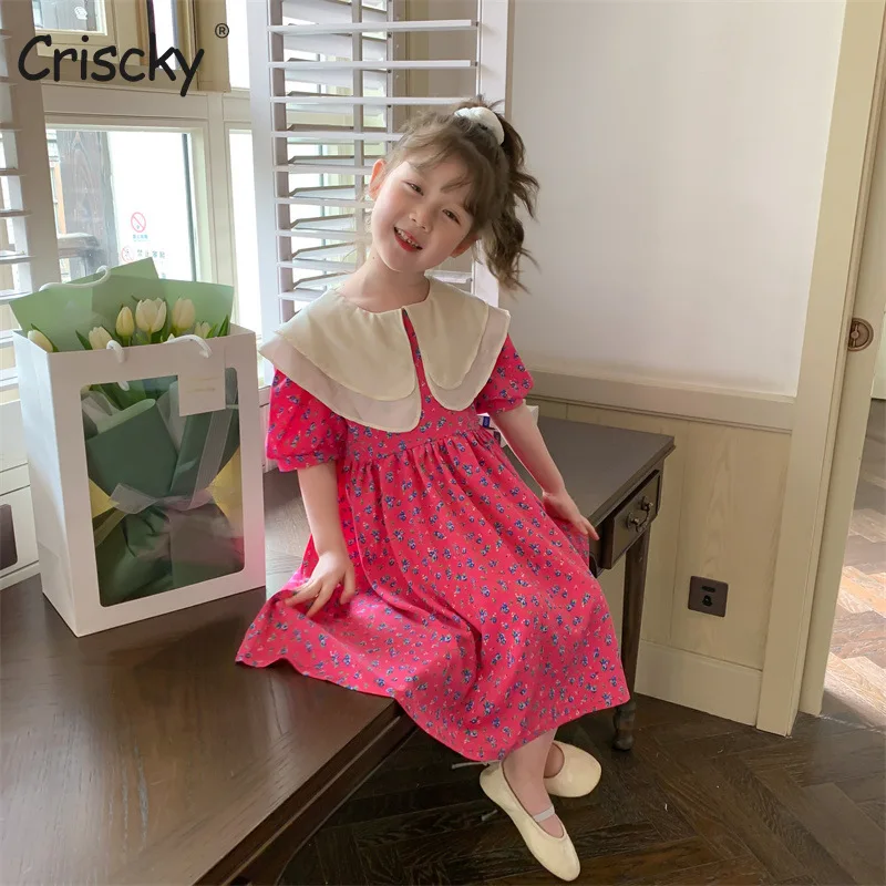 

Criscky Fashion Girls Dresses 2022 Summer Short Sleeve Wedding Evening Tutu Lapel Floral Kids Dresses for Girls Clothing