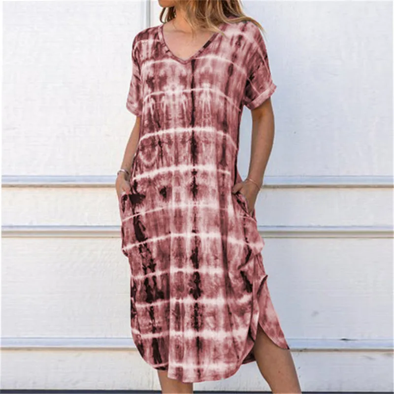 

Women Casual Print Dress Short Sleeve Summer V-Neck Gradient Color Plaid Mid Long Dress By Pockets Side Splited Big Size