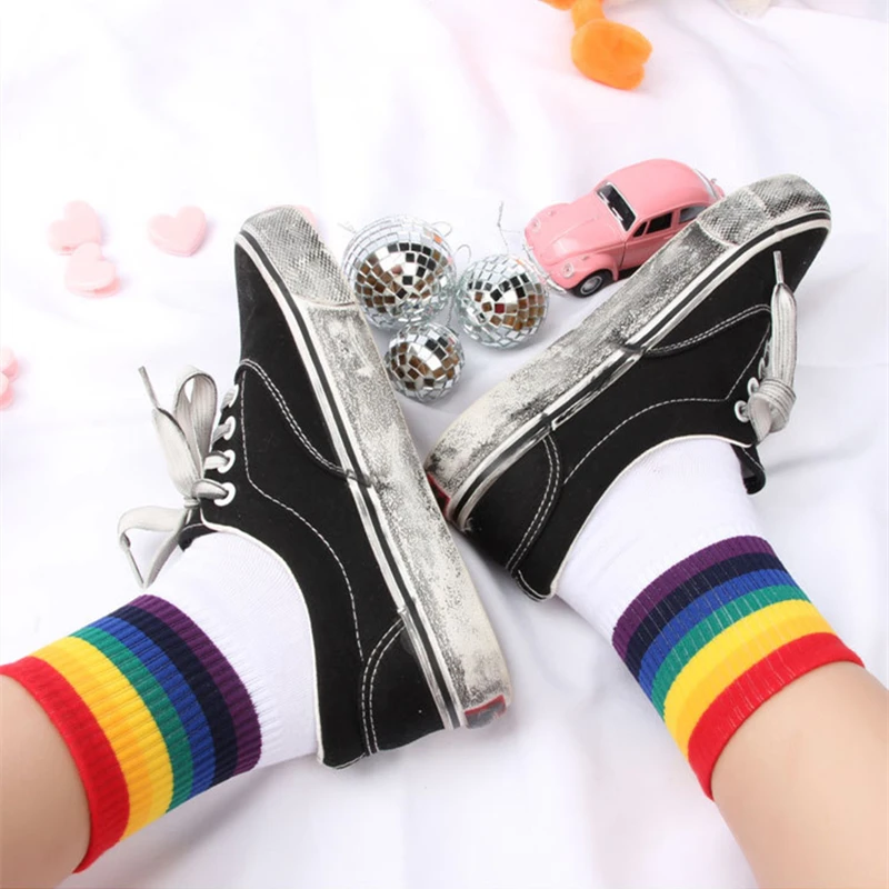 2022 Rainbow Socks for Women Funny Striped Mid Tube Socks Ladies Cotton Ankle Socks Autumn Trend chaussettes enfants pour fille