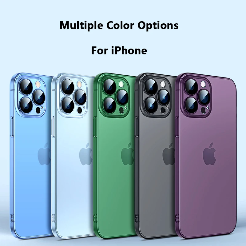 

Translucent Frosted Case for iPhone 12 13 14 Pro Max Plus Lens Tempered Glass Protection with Dust Filter Luxury PC Hard Cover