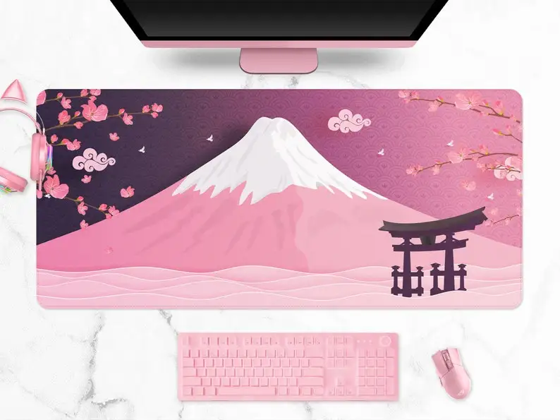 

Japanese mousepad, Mount Fuji Sakura Cherry Blossom Aesthetics mouse pad, Kawaii cute pastel pink XXL Gaming desk mat (6 sizes)