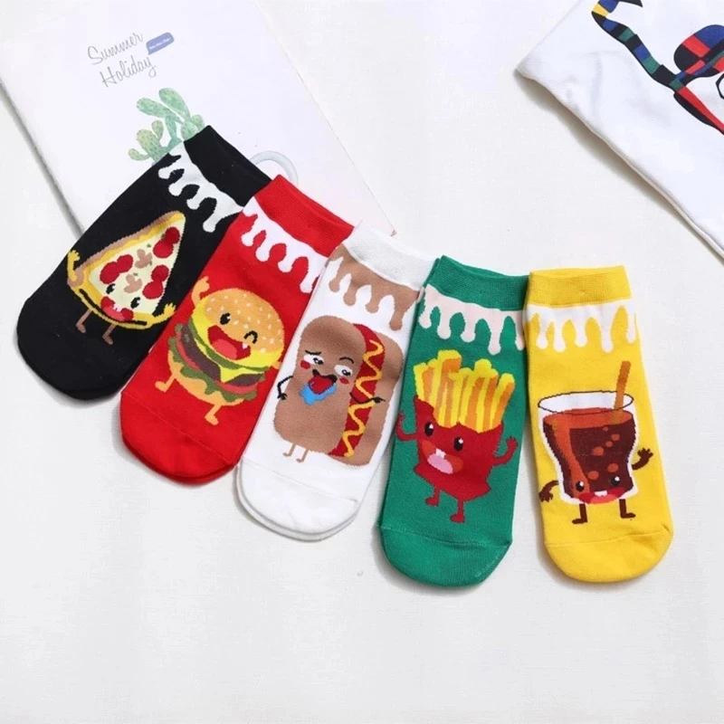 

Women Socks Hamburgers French Fries Donut Coke Cute Socks Set Funny Kawaii Sock Short Ankle Woman Harajuku Sox 5 Pairs 1 Lot