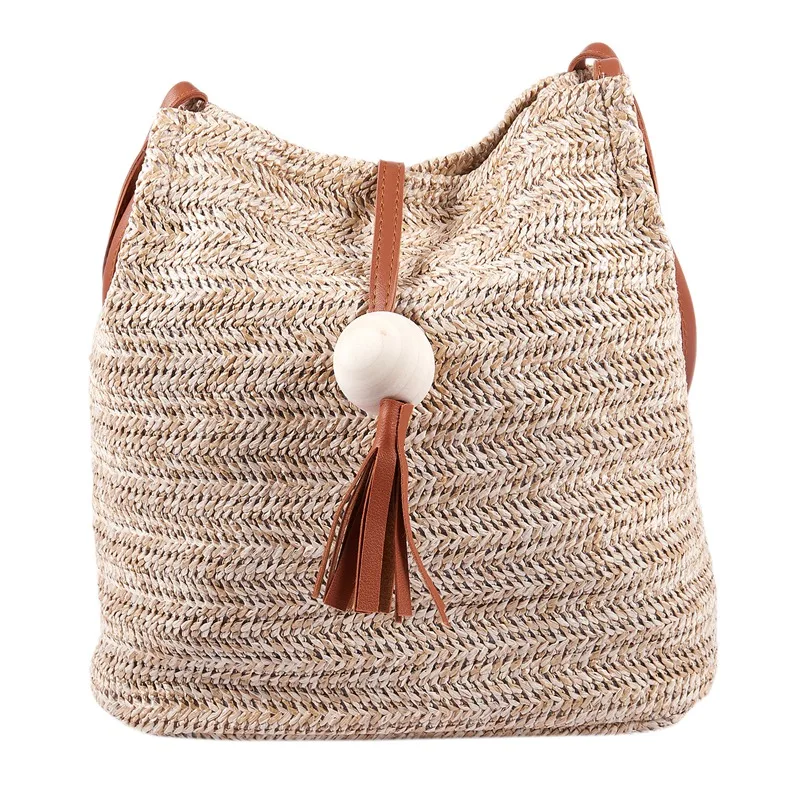 

Bali Vintage Handmade Crossbody Leather Bag Round Straw Beach Bag Girls Circle Rattan bag Small Bohemian Shoulder bag(Brown)