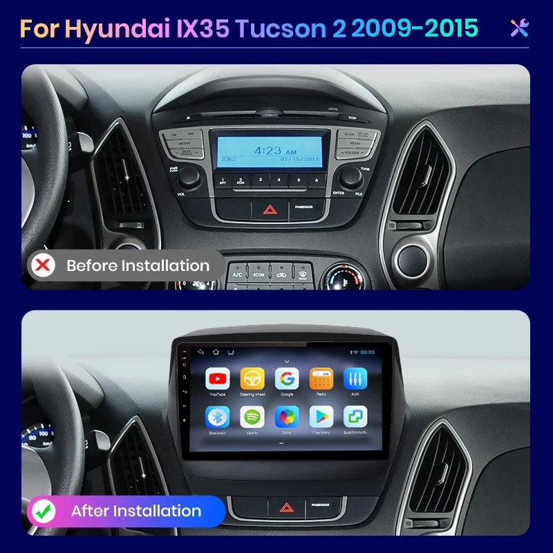 Автомагнитола AWESAFE PX9s для Hyundai Tucson 2 ix35 2009 - 2015 с видеоплеером, CarPlay, Android Auto и GPS, без DIN 2 DIN DVD.