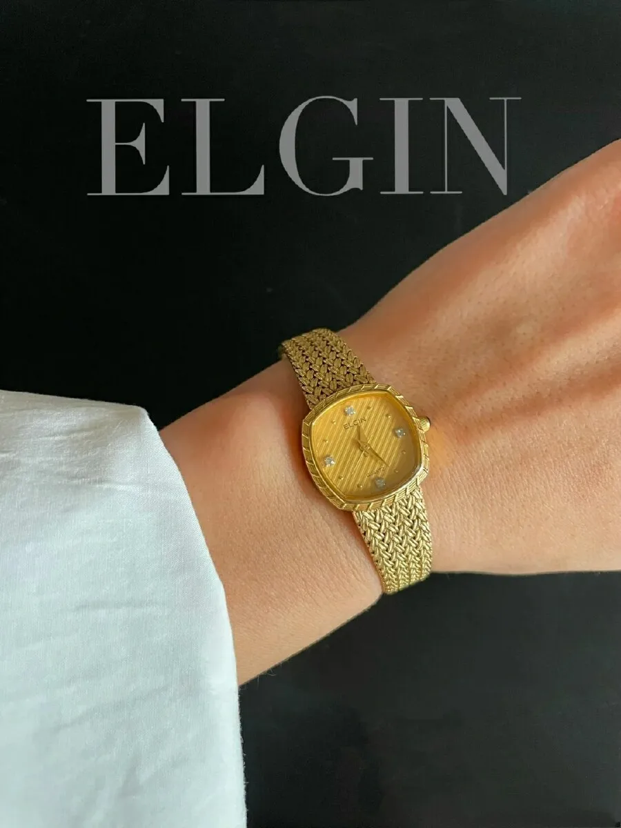 

Elgin golden wheat ear woven chain exquisite diamond quartz Swiss women's watch Vintage