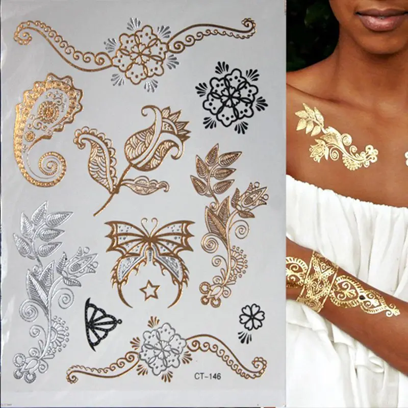 

Sdotter 1PC gold tattoo Fashion in Temporary Tattoo glitter tattoo waterproof Sticker women fake tattoo