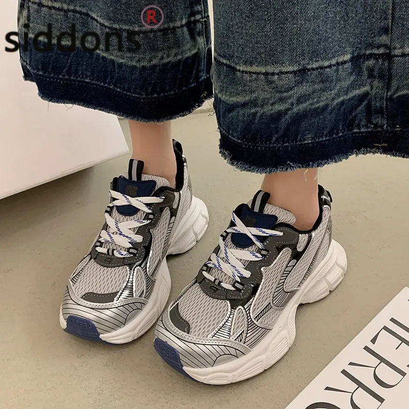 Fashion Breathable Mesh Comfortable Women's Vulcanized Shoes Summer Women's Platform Lace-up Sneakers Running Shoes