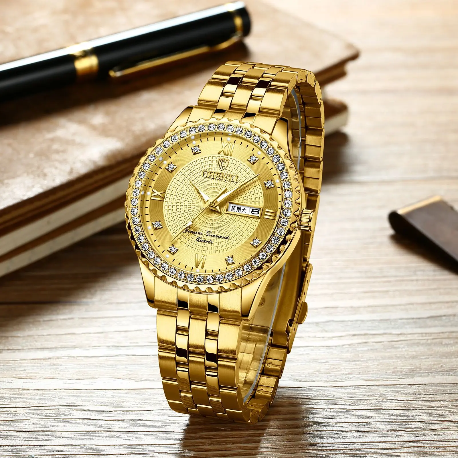 Business Dual Calendar Watch Men's Wholesale Gold Diamond Waterproof Watch enlarge