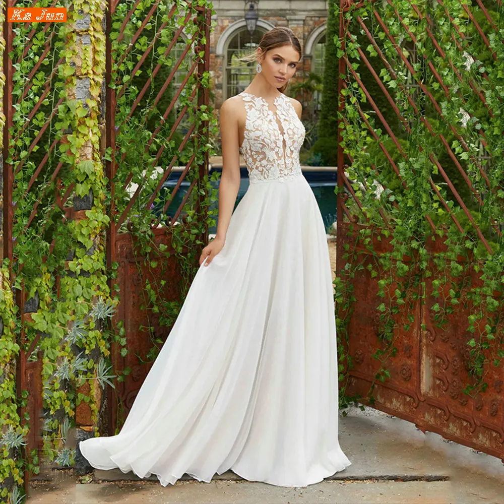 

Boho Chiffon O Neck Wedding Dress Bohemian Robe De Mariée Princesse Lace Appliques A Line Sleeveless Bridal Gown Sweep Train