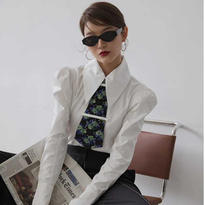 Women's Blouse New Product Unique Shirts Wide Shoulder Tie Shirt Forest