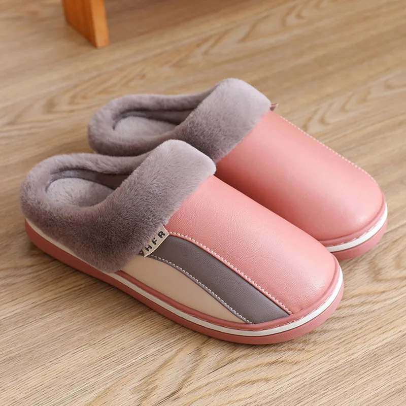 

New Women Slippers Indoor Leather Waterproof Winter Waterproof Warm Home Fur Men Slippers Male Couple Platform Fluffy Shoes