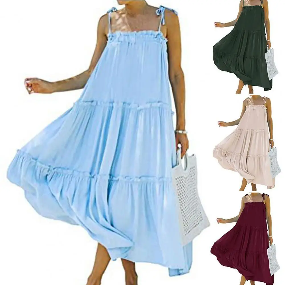 

Adjustable Spaghetti Straps Maxi Dress Solid Color Sleeveless Tiered Ruffle Hem Sling Long Dress Streetwear