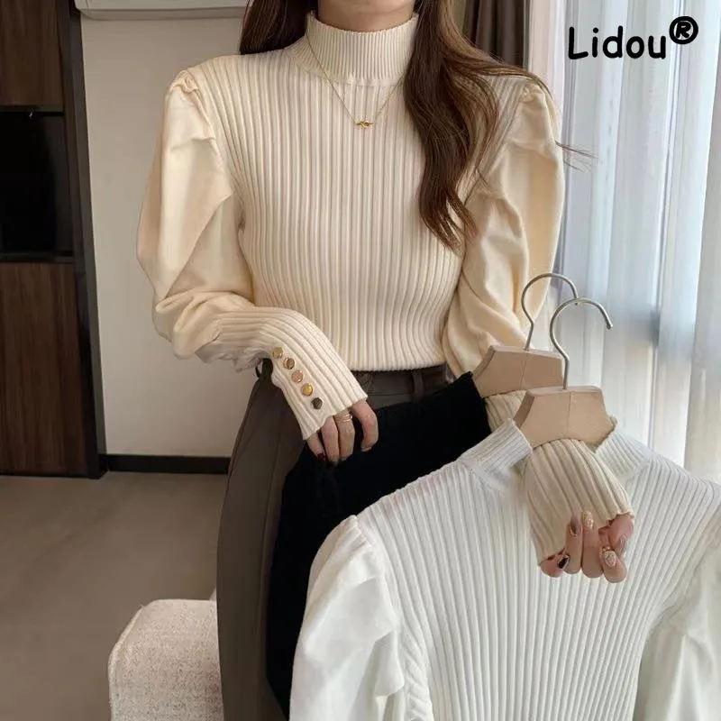 

Fashion Puff Sleeve Lady Knitted Top 2022 Women New Autumn Half Height Collar Vintage Sweater Elegant Office Bottoming Shirt