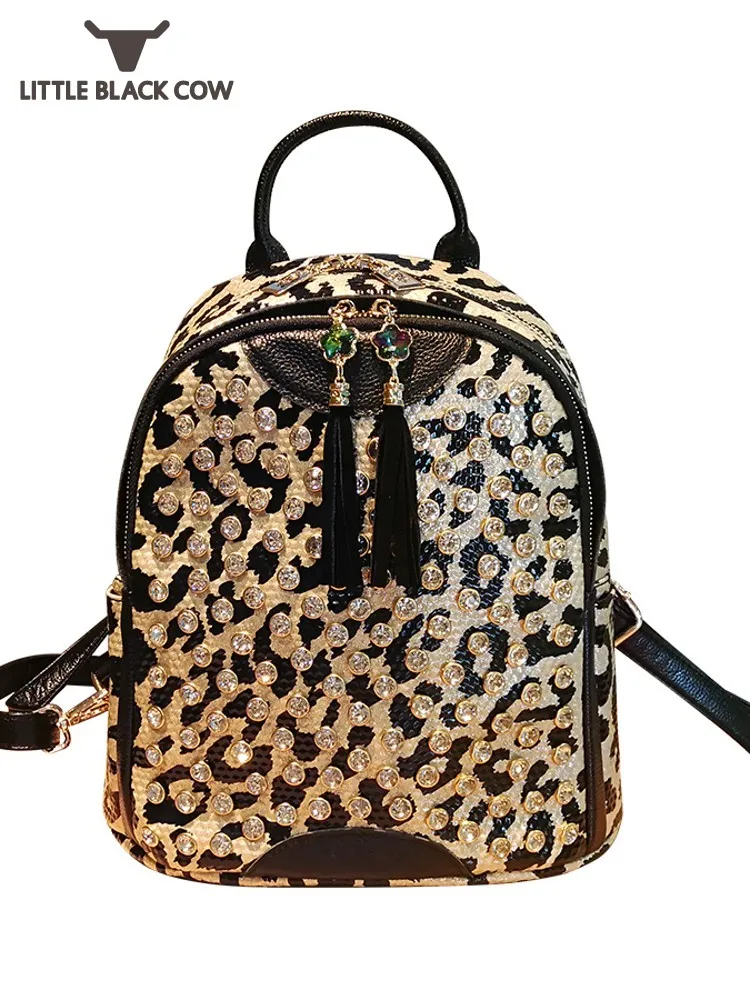 

Famous Brand Diamonds Backpack Female Travel College Office Satchel New Fashion Pu Leather Rhinestone Tassel Backpacks