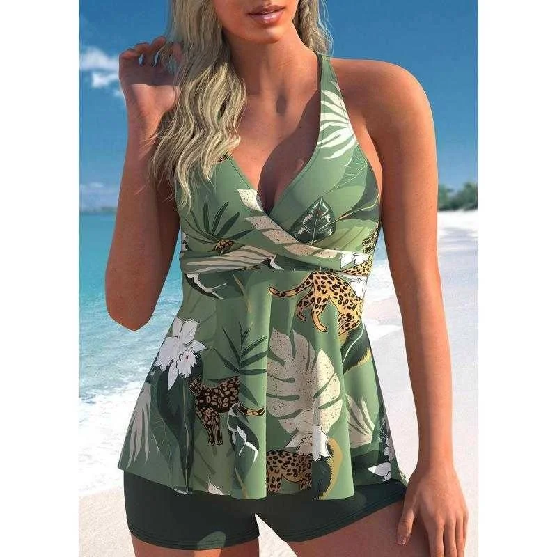 

Skirt Split Swimsuit Printed Cross Push Up Sling Boxer For Women