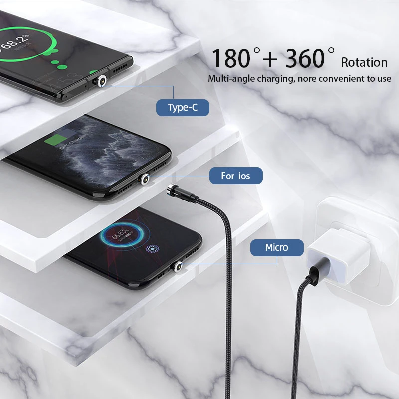 NNBILI 540 поворотный магнитный кабель 3A для быстрой зарядки Micro USB типа C iPhone Xiaomi