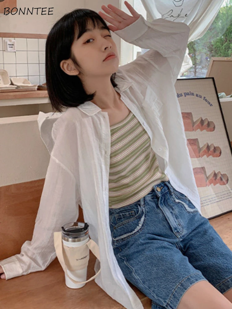 

Shirts Women Breathable See-through Minimalist Pure All-match Sun-proof Summer Classic Casual Korean Style Students Stylish Soft