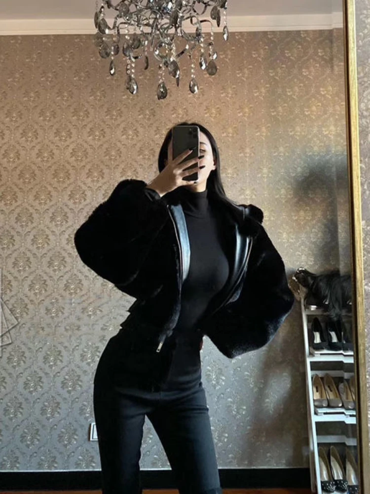 Fashion Zipper Faux Fur Hooded Thickened Warm White Short Coats Women 2022 Autumn Winter Casual High Street fluffy Outfits