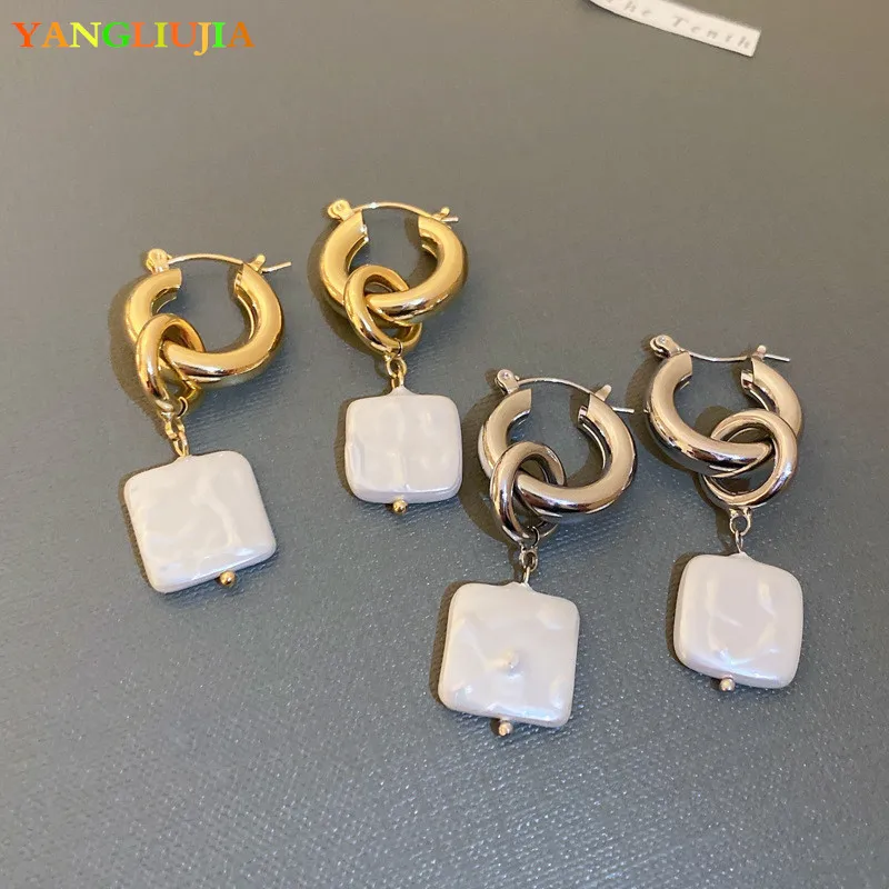 

Square Pearl Metal Circular Earrings European And American Style Personality Fashion Long Earrings Ms Girl Travel Accessories