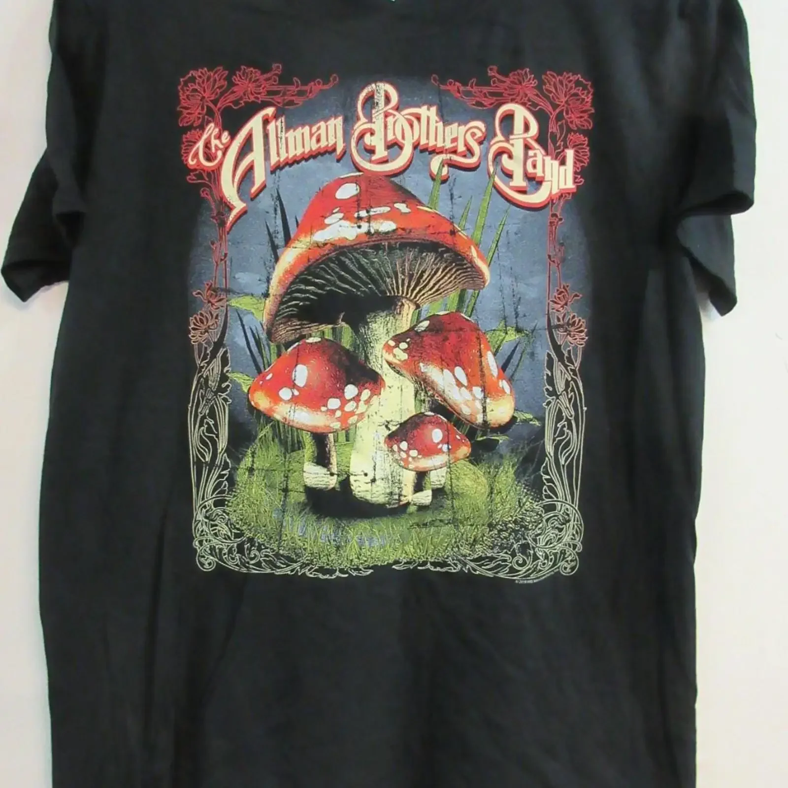 Фото Винтажная черная футболка 87-х годов в стиле ретро с принтом The Allman Brothers Season Mushroom, размеры S-5XL, с эффектом потертости №1
