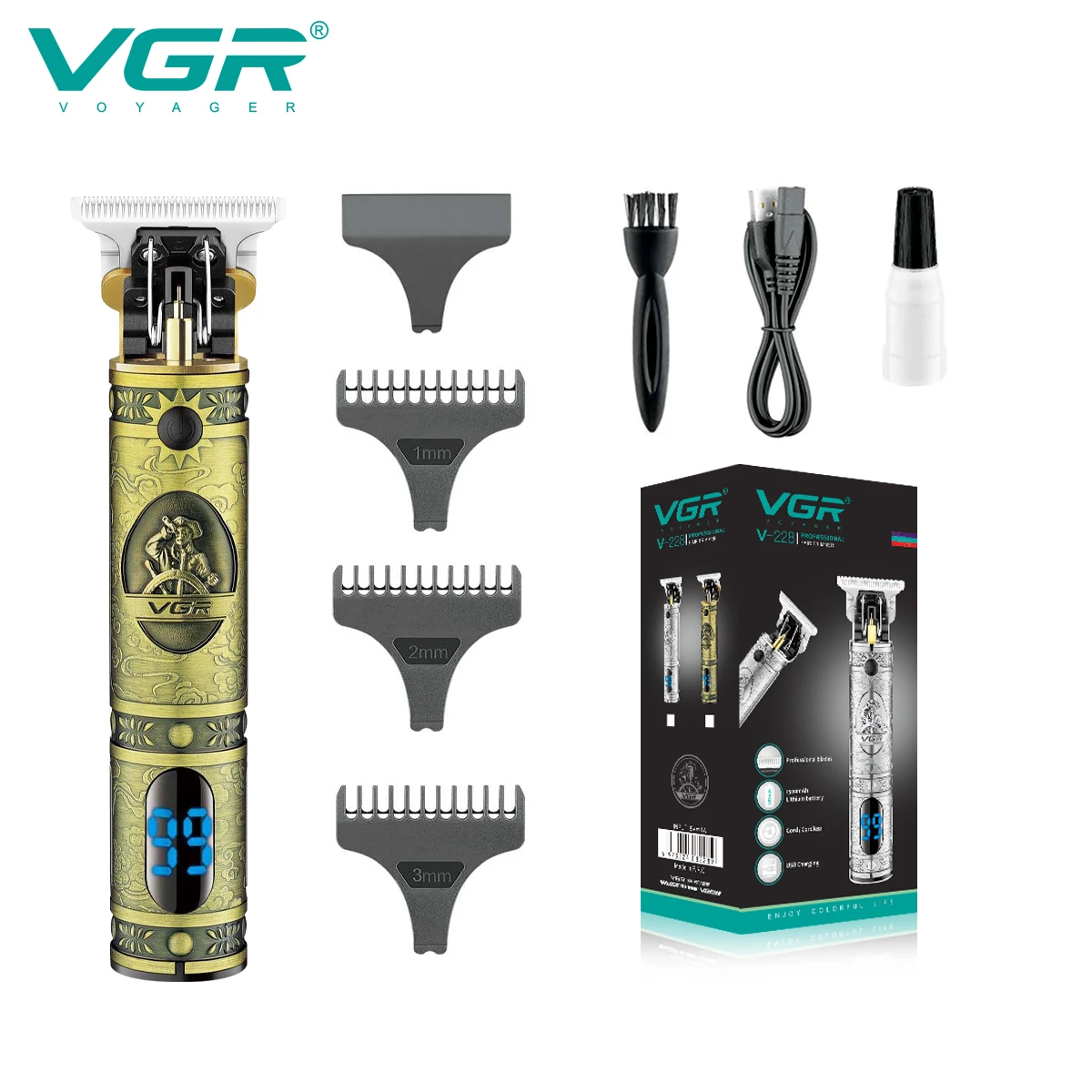 VGR T9 Hair Clipper Metal Hair Cutting Machine Professional Barber Cordless Electric Trimmer Rechargeable Trimmer for Men V-228