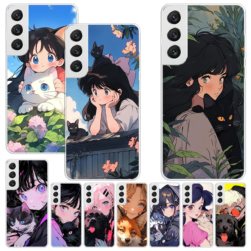 Мягкий чехол с милым аниме Ins Girls Animal Cat Print для Samsung Galaxy S25 S24 S23 S22 Ultra S21 Plus S20 FE Phone Shell