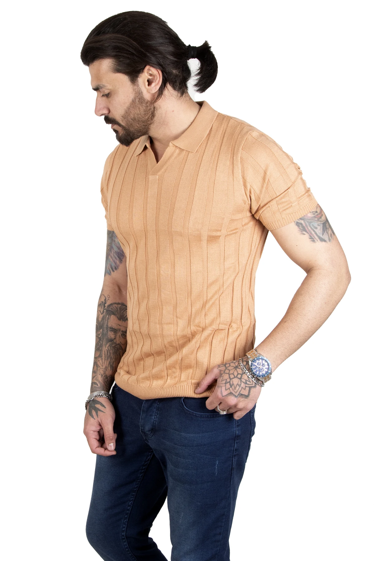 DeepSEA thick striped lycra Slim Fit collar men's t-shirt 2209001