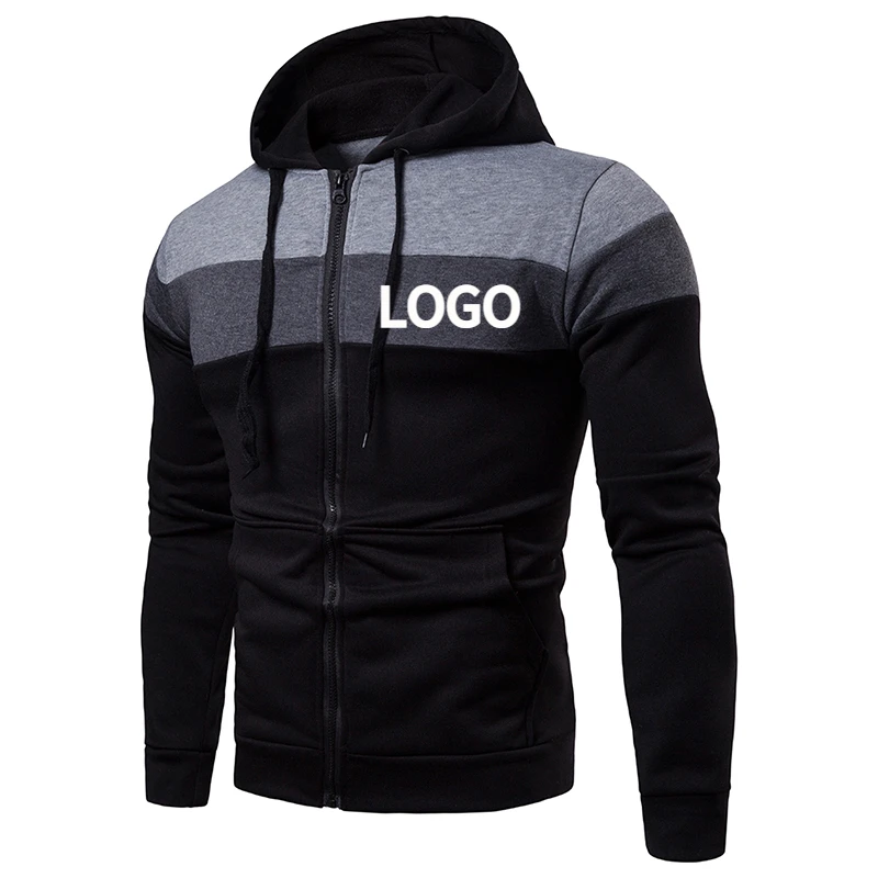 Custom LOGO Men's Zipper Cardigan Patchwork Hoodies Long Sleeve Hooded Autumn Winter Fashion Streetwear Male Coat