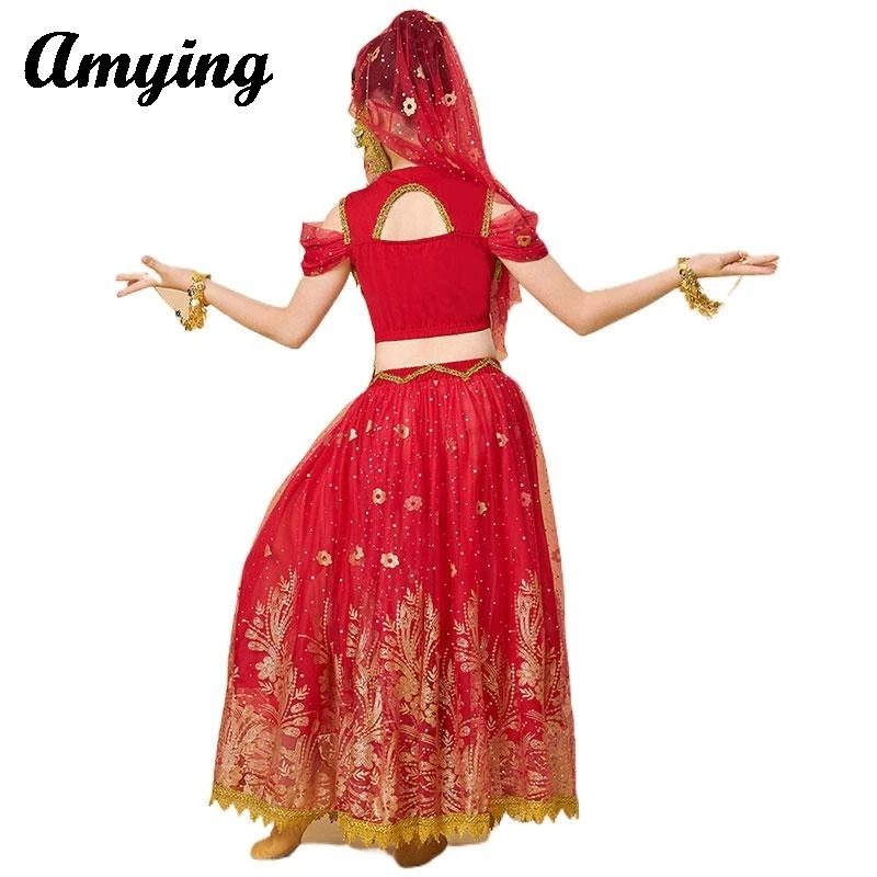 Наряд для танца живота топ с короткими рукавами + платье костюм девочек одежда