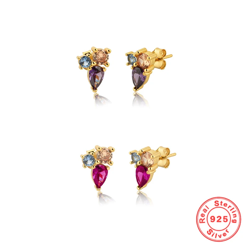 

Fashion Gold Color 925 Sterling Silver Multicolor Zircon Women's Stud Earrings Simple Rose Red/Purple Jewelry Accessories Gifts