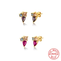 fashion gold color 925 sterling silver multicolor zircon womens stud earrings simple rose redpurple jewelry accessories gifts