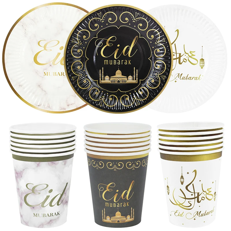 

6/12Pcs EID Mubarak Paper Plate Cup Ramadan Mubarak Decoration 2023 Muslim Islamic Event Party Disposable Tableware Eid Al-Fitr