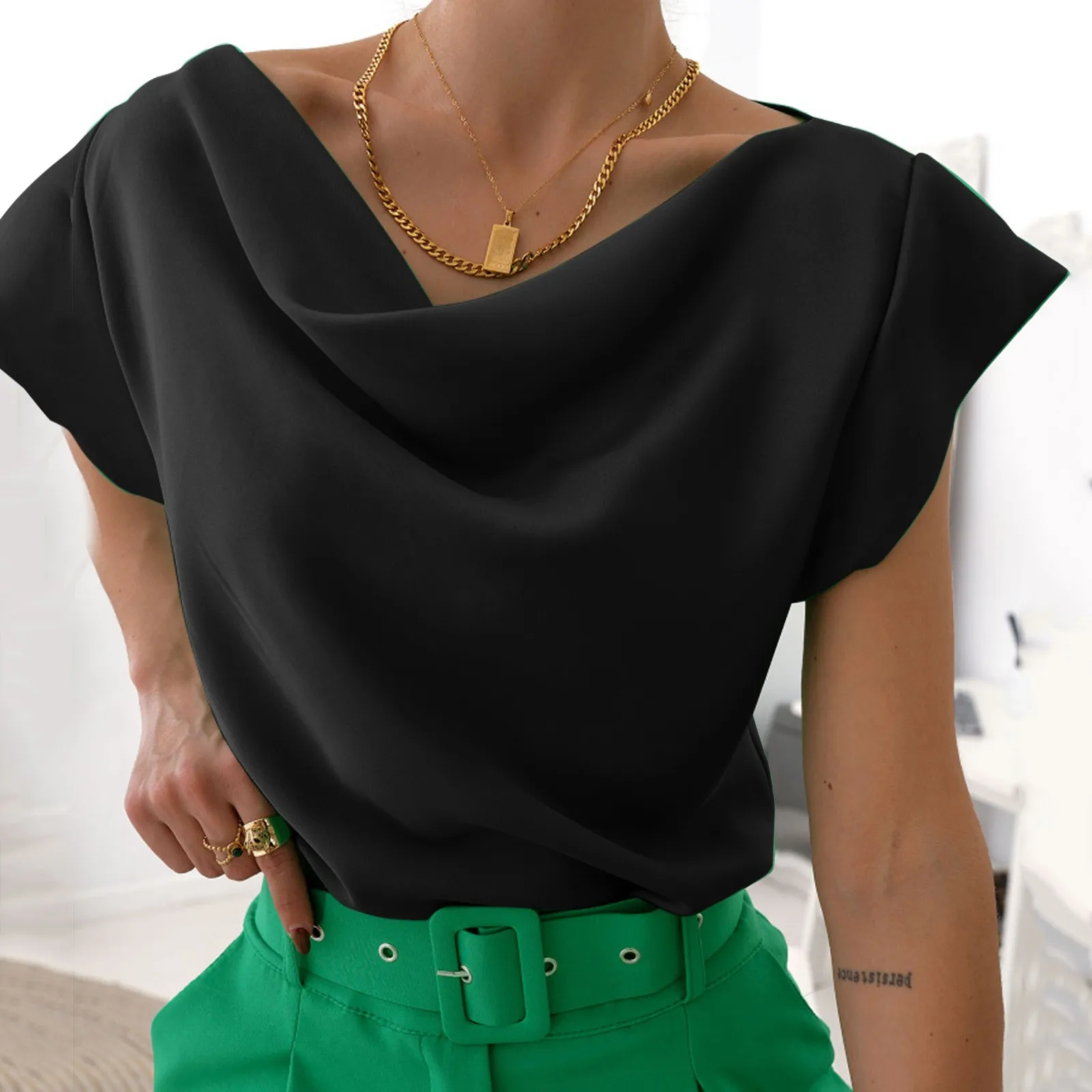 

Women Chiffon Blouse Summer Button Down Shirts With Pockets Short Sleeve Office Ladies Blouses Business Top Slim Shirts Pullover