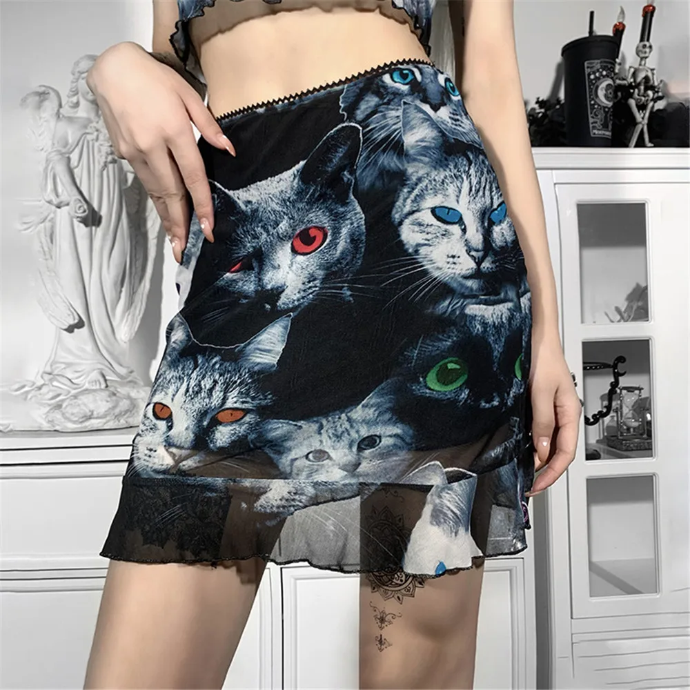 

Rosetic New Gothic Animal Print Skirt Women Casual Fashion Ruffled Mesh Patchwork Short Sexy Goth Skirts High Waist 2022 Summer