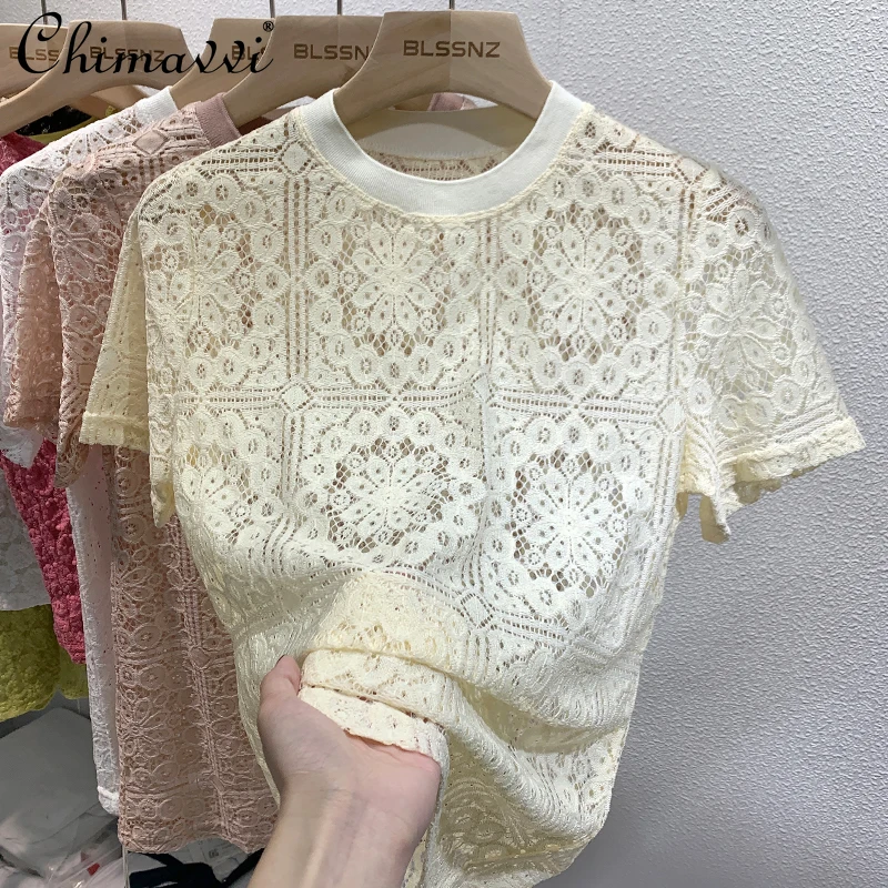 

European Style Short-Sleeved T-shirt for Women 2022 Summer New Fashion Unique Chic Design Lace Top Half Sleeve Elegant Tees