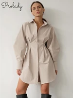 shirt dress women office mini dresss casual autumn winter elegant long sleeve khaki pleated ladies solid vintage robe femme 2022