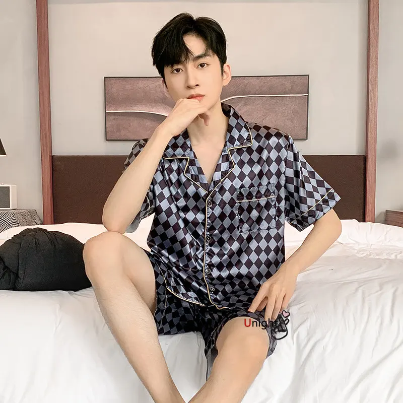 Men Pajama Sets Big Size Lounge Wear Fashion Silk Pajamas Summer Short Pj Set Homewear L-5XL Nightwear Homewear