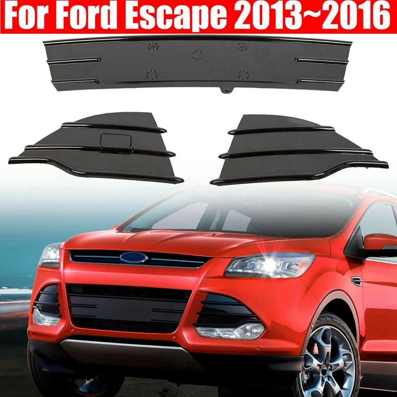 

3Pcs Car Trim Front Bumper Lower Grille Fog Light Cover for Ford Escape Kuga 2013-2016 Gloss Black