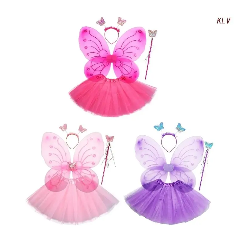 

Wings for Girls Lovely Fairy Angel Wings with Wand Headband-Tutu Skirt Halloween-Cosplay Wings Dress Up Props