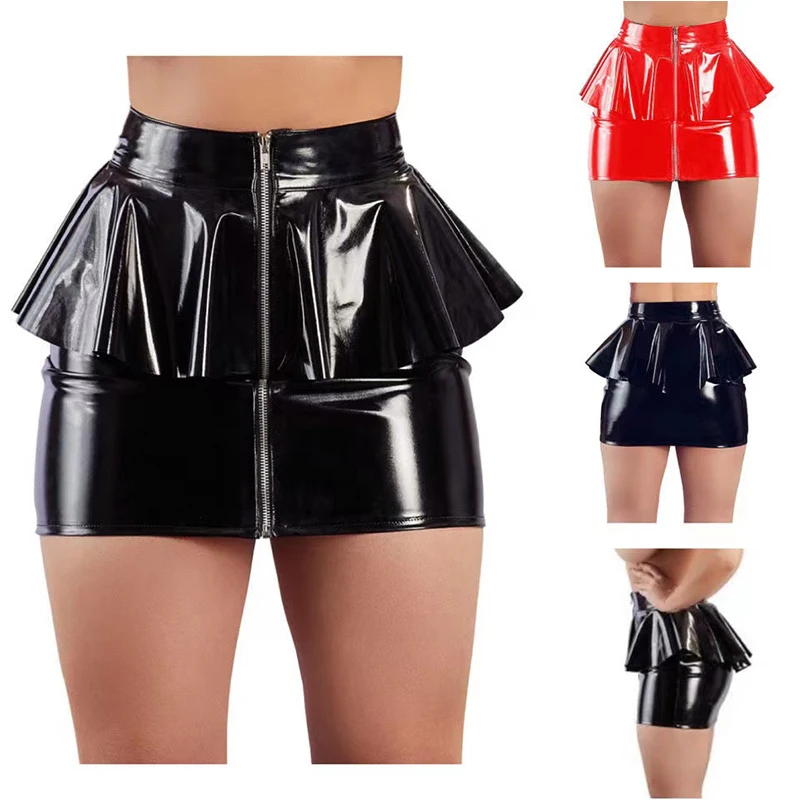 

Faux Leather Women Black Ruffle edge Mini Skirt Front Zipper PVC Short Skirt High Waist Stretch New Nightclub Party Sexy Summer