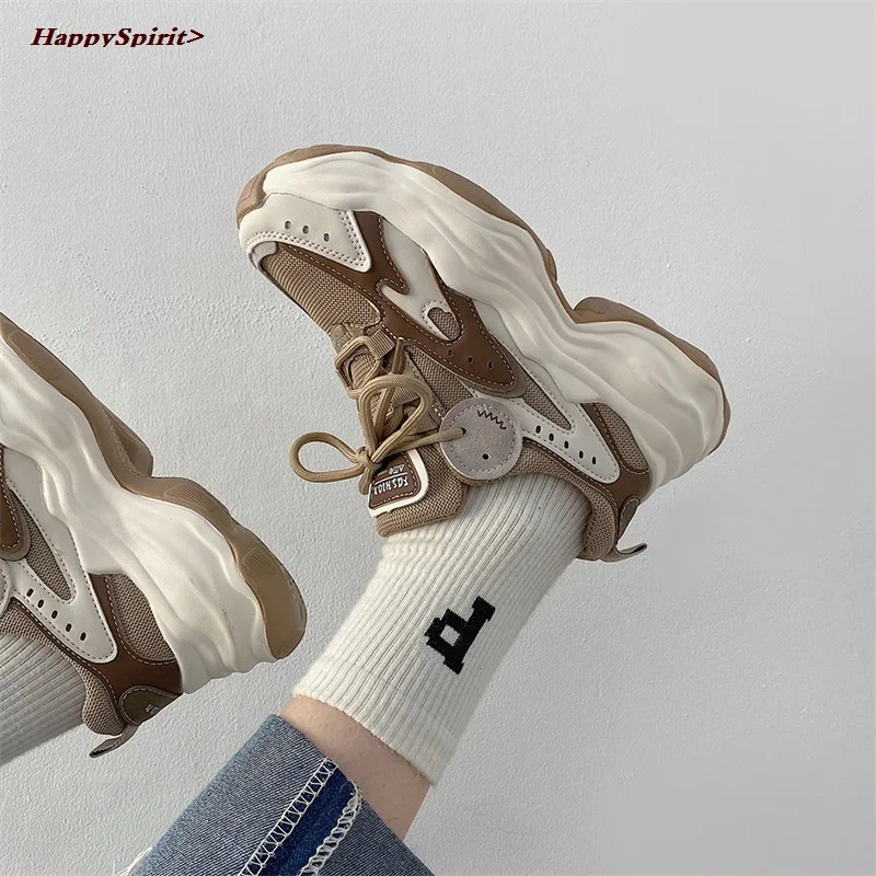 

New Women Chunky Sneakers Running Shoes Platform Lace Up Women's Sports Shoes Black Thick Sole Casual Sneakers Tennis Female 40