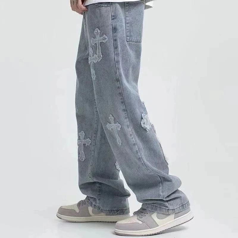 Streetwear Hip Hop Low Rise Baggy Jeans For Men Korean Y2k Fashion Trousers Cross Denim Pants Women Cargo Pants Punk Clothes